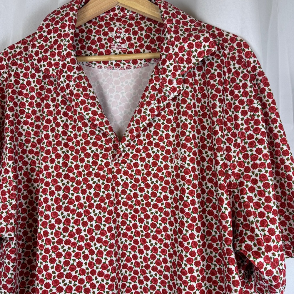 Rhoback Mens XL Red Rose Floral Performance Polo Short Sleeve Golf Shirt